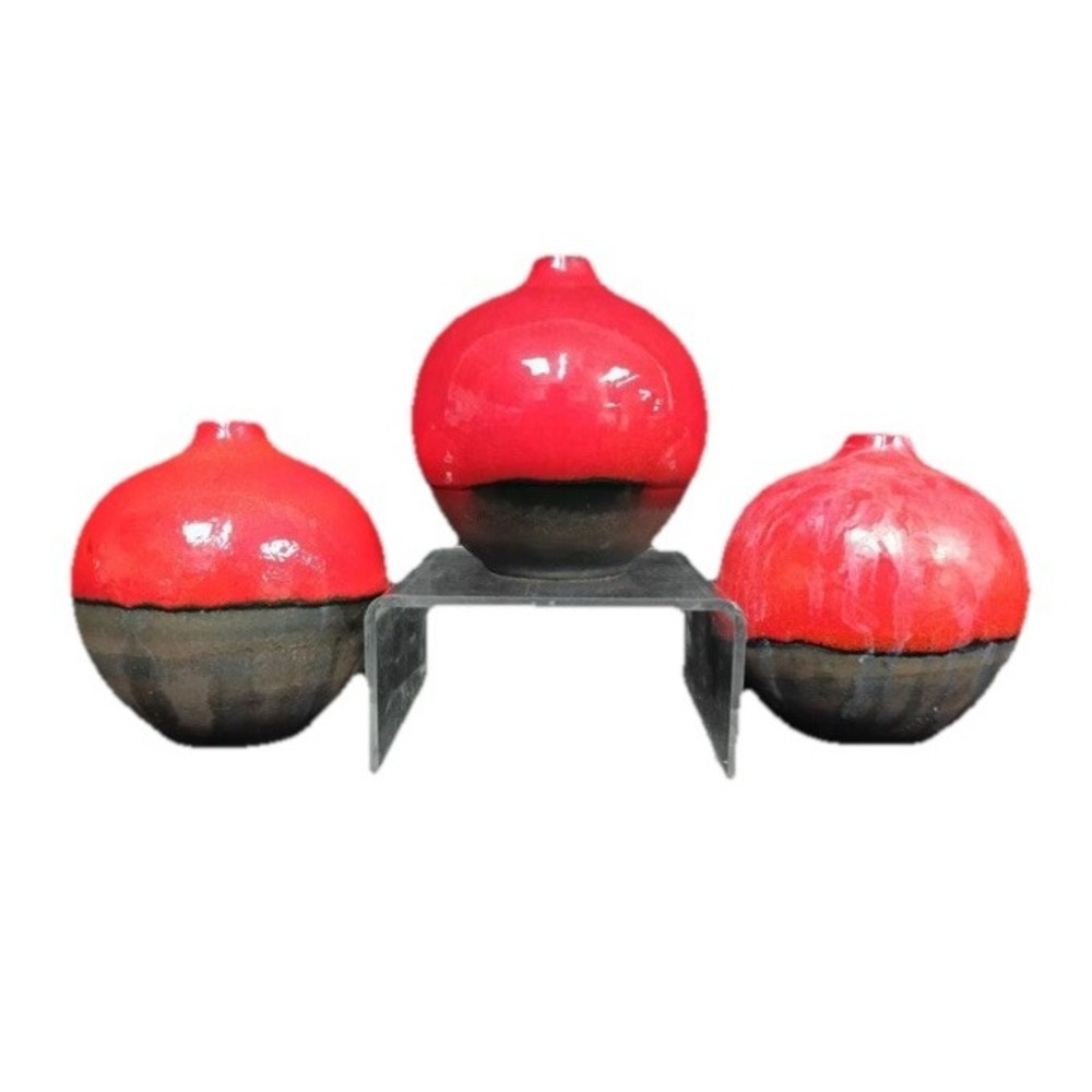 Set Of 3 Crate And Barrel Red & Charcoal Reactive Vases